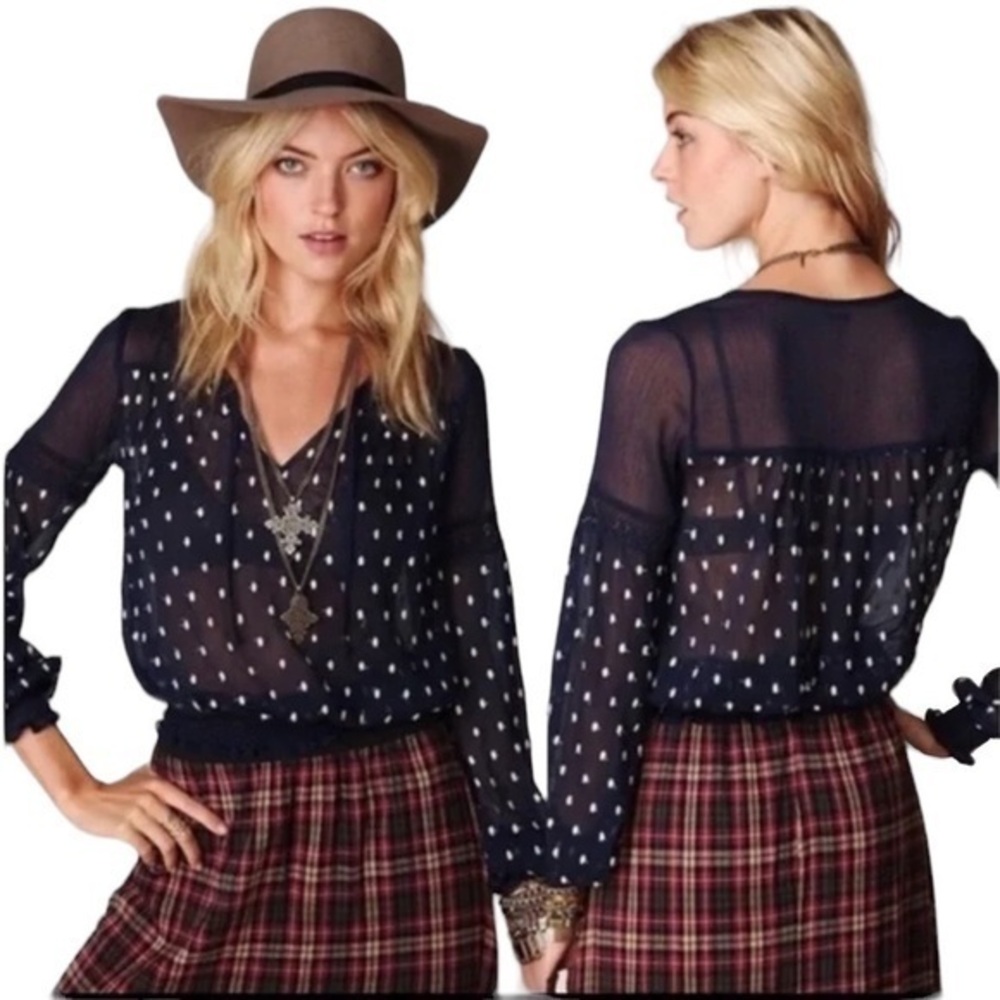 Free People Sheer Blouse with Embroidered Polka Dots in Navy